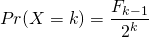 \[Pr(X=k)=\frac{F_{k-1}}{2^k}\]